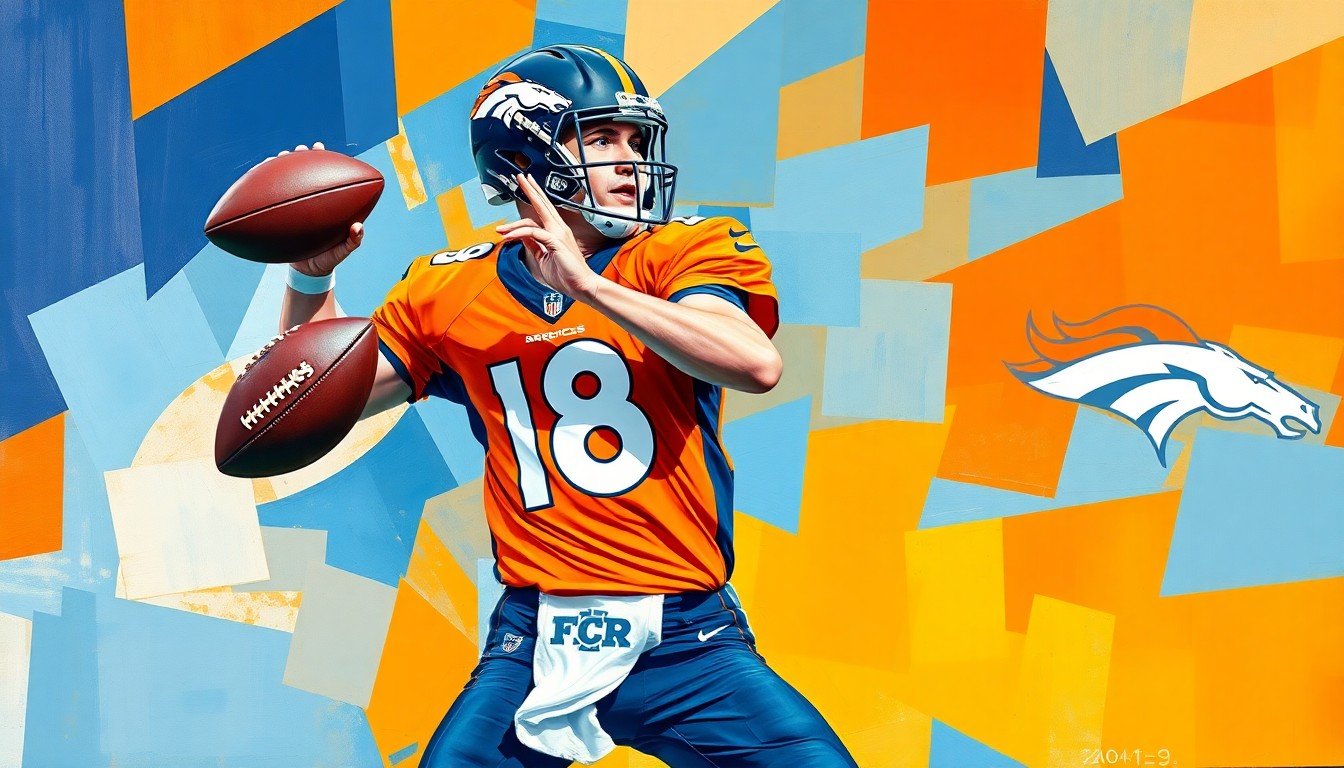 A cubist, geometric painting depicting a quarterback in motion, with sharp, overlapping shapes in the Broncos' team colors of orange and blue, conveying the dynamic nature of the sport.