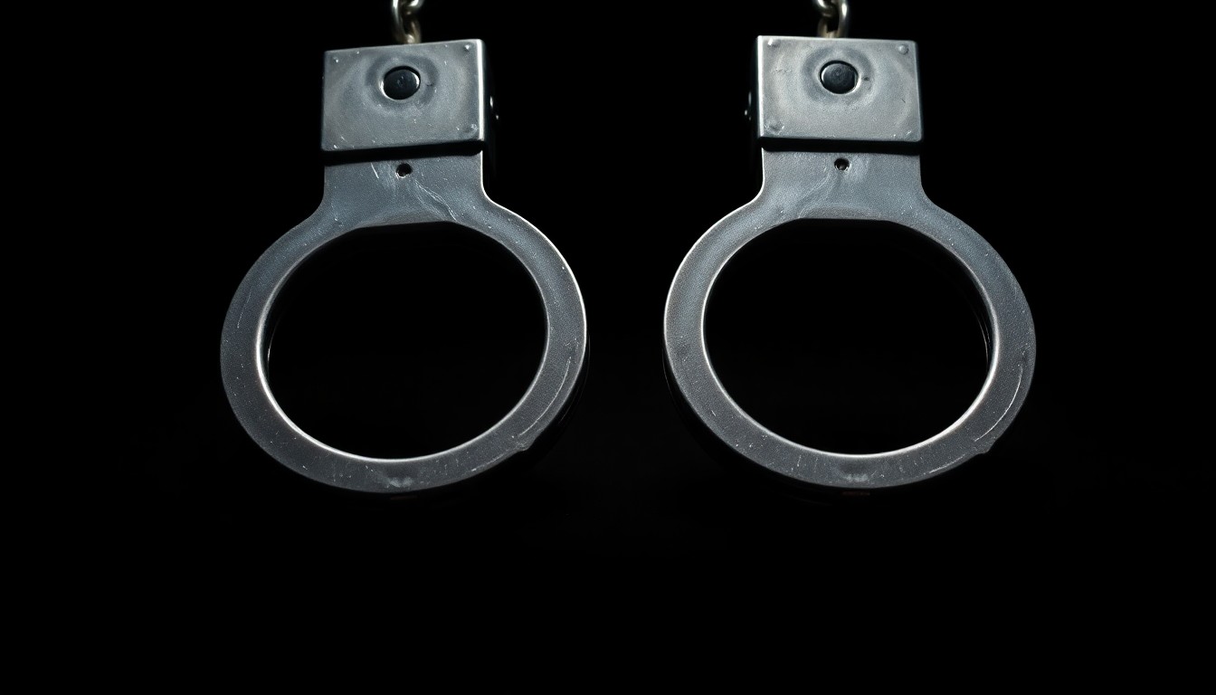 An extreme close-up of a pair of handcuffs against a dark background, the metal texture and harsh shadows creating a stark, gritty visual that conceptually represents an investigation into a criminal incident.