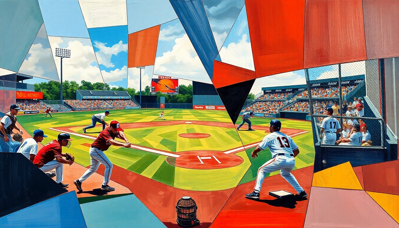 A fragmented, cubist-style painting depicting the motion and intensity of a high school baseball game, with players' forms and the field's elements broken down into sharp, overlapping geometric shapes and planes.