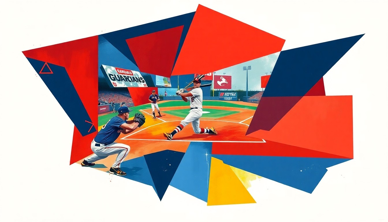 A fractured, multi-perspective painting depicting the dynamic motion and energy of a baseball player swinging a bat, broken down into sharp, overlapping geometric shapes and planes in a vibrant color palette, conceptually representing the excitement surrounding the Guardians' young star.