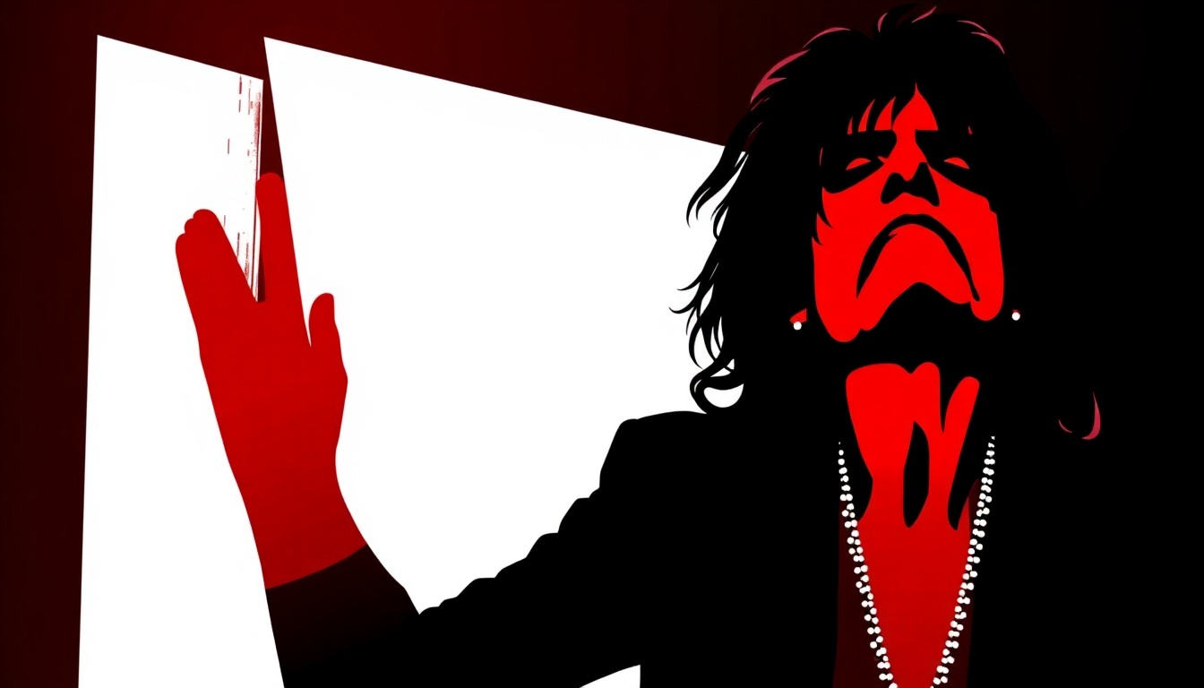An abstract, minimalist illustration featuring bold, jagged black silhouettes and high-contrast solid colors like red and white, conceptually representing the duality of Alice Cooper's stage persona and personal life.