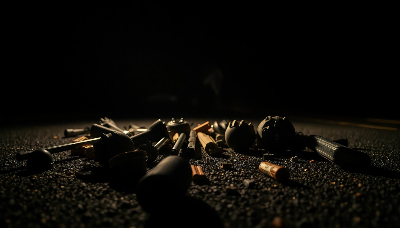 An extreme close-up photograph of motorcycle parts and debris scattered on the asphalt, capturing the stark, gritty aftermath of a fatal collision.