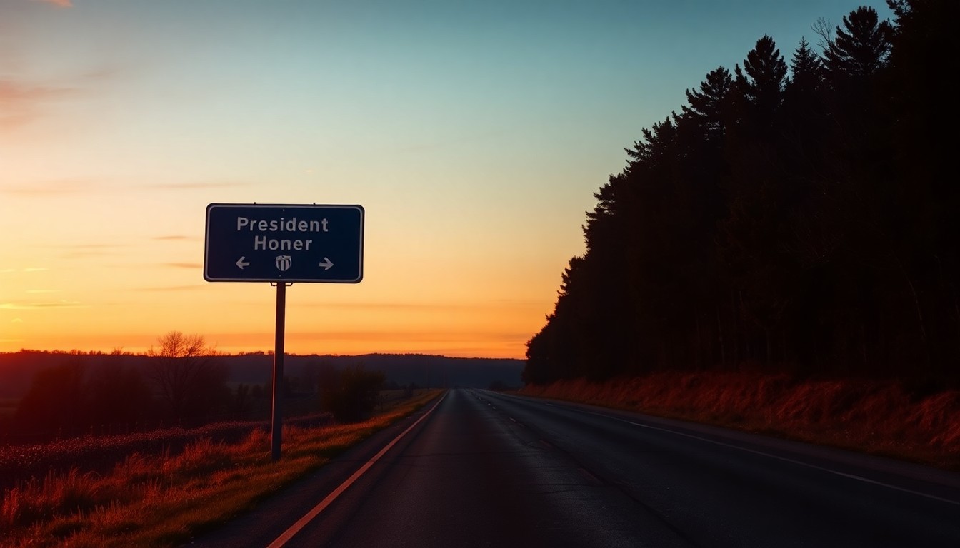 A serene, cinematic painting of a lone highway sign post standing on a rural road at dusk, the sign's surface reflecting the warm, golden light of the setting sun and casting long shadows across the asphalt. The image conveys a sense of quiet contemplation, capturing the political debate over how to commemorate a former president's legacy.