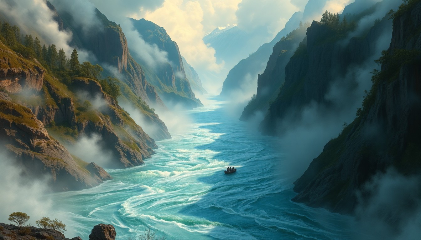 A sweeping, atmospheric landscape painting in muted tones of blue, green, and gray, capturing the overwhelming scale and raw energy of the Russian River as it surges through a rugged, mountainous region. The river dominates the scene, with a small raft barely visible amidst the turbulent waters.