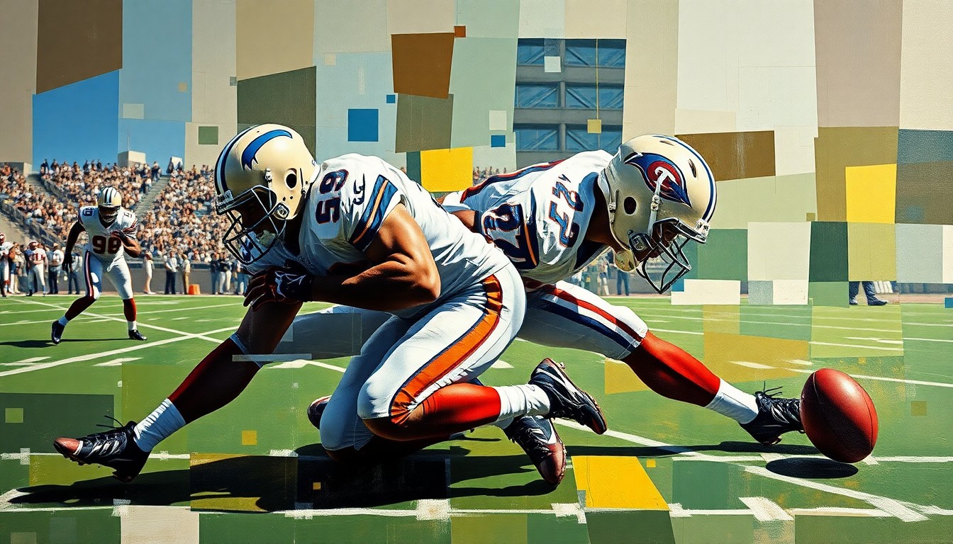 A cubist, geometric painting depicting the fractured movements of a linebacker making a tackle on a football field, capturing the energy and intensity of the sport.