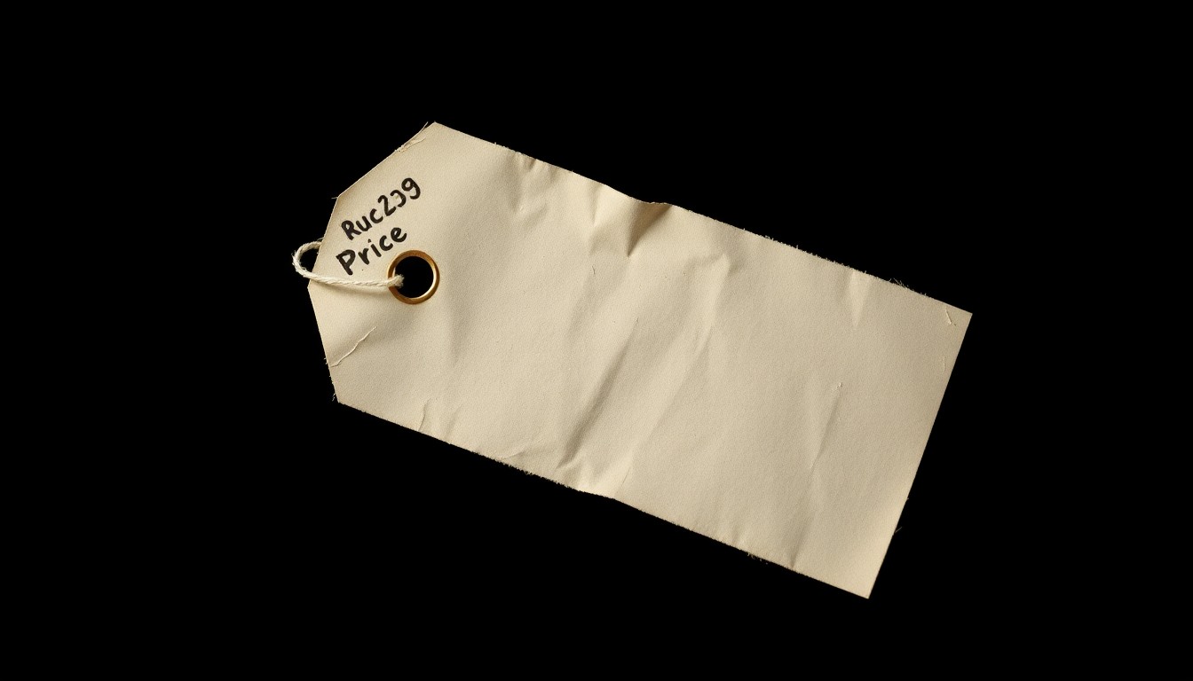 An extreme close-up photograph of a crumpled, ripped price tag against a pitch-black background, lit by a harsh camera flash, conceptually representing the evidence gathered in a retail theft investigation.