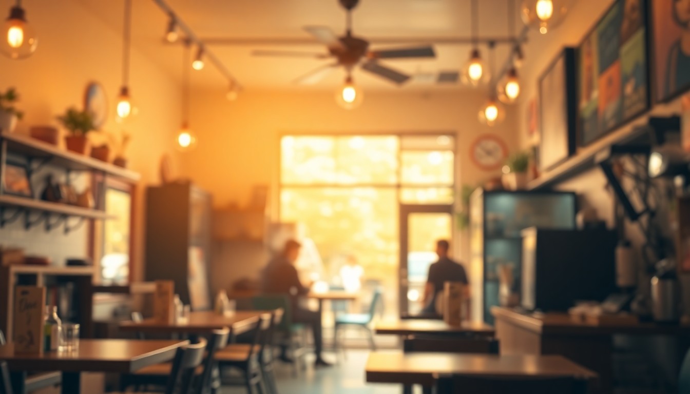 An extremely abstracted, out-of-focus photograph of a cozy coffee shop interior, with warm pools of light and color creating an inviting, community-oriented atmosphere.