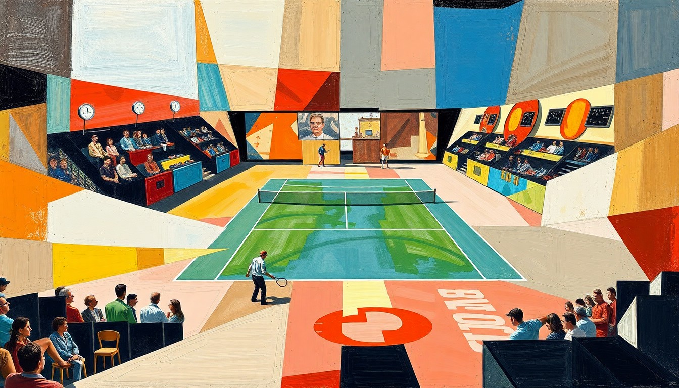 A cubist-style painting featuring overlapping geometric shapes and planes in various shades of blue, green, and orange, conceptually representing the dynamic action and energy of a tennis match.