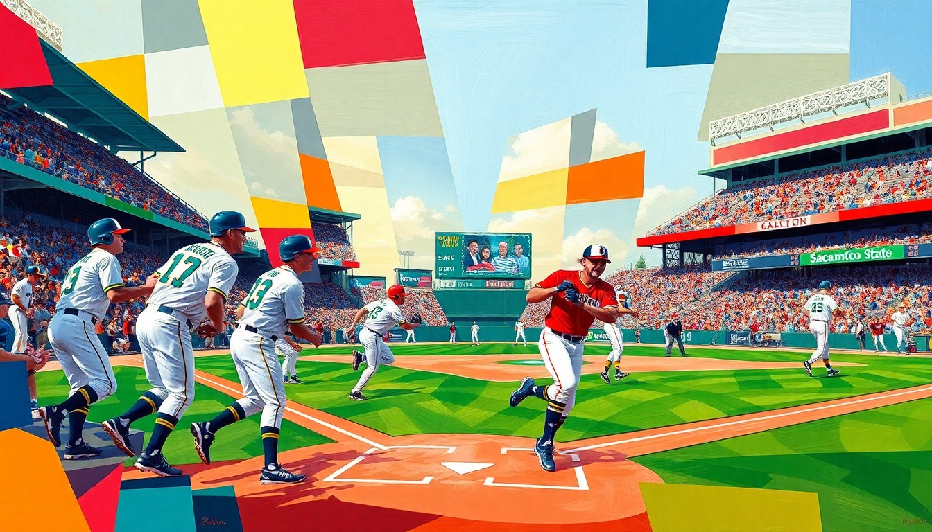 A fragmented, cubist-style painting depicting the final moments of a baseball game, with sharp geometric shapes and planes of color representing the players, field, and action on the diamond.