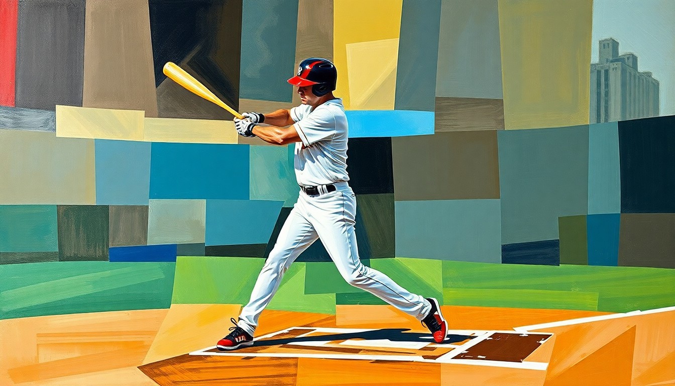 A cubist-style painting featuring sharp, overlapping geometric shapes in shades of blue, green, and orange, representing a baseball player batting at the plate in a fragmented, multi-perspective view.