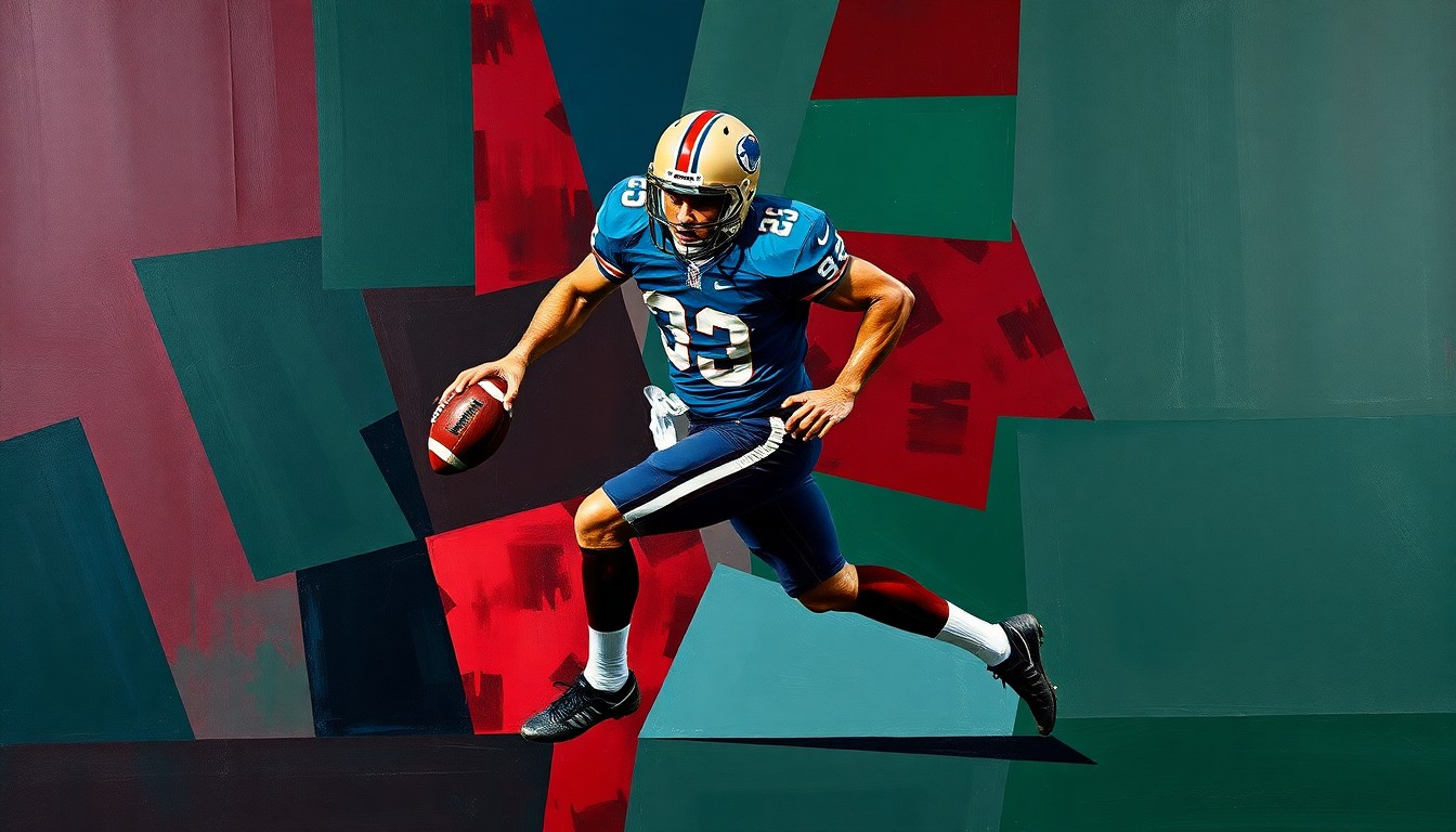 A fragmented, cubist-style painting depicting a football player in mid-stride, their form broken down into sharp, overlapping geometric shapes in deep burgundy, navy, and forest green tones, conveying the complex and shifting nature of the Aiyuk trade situation.