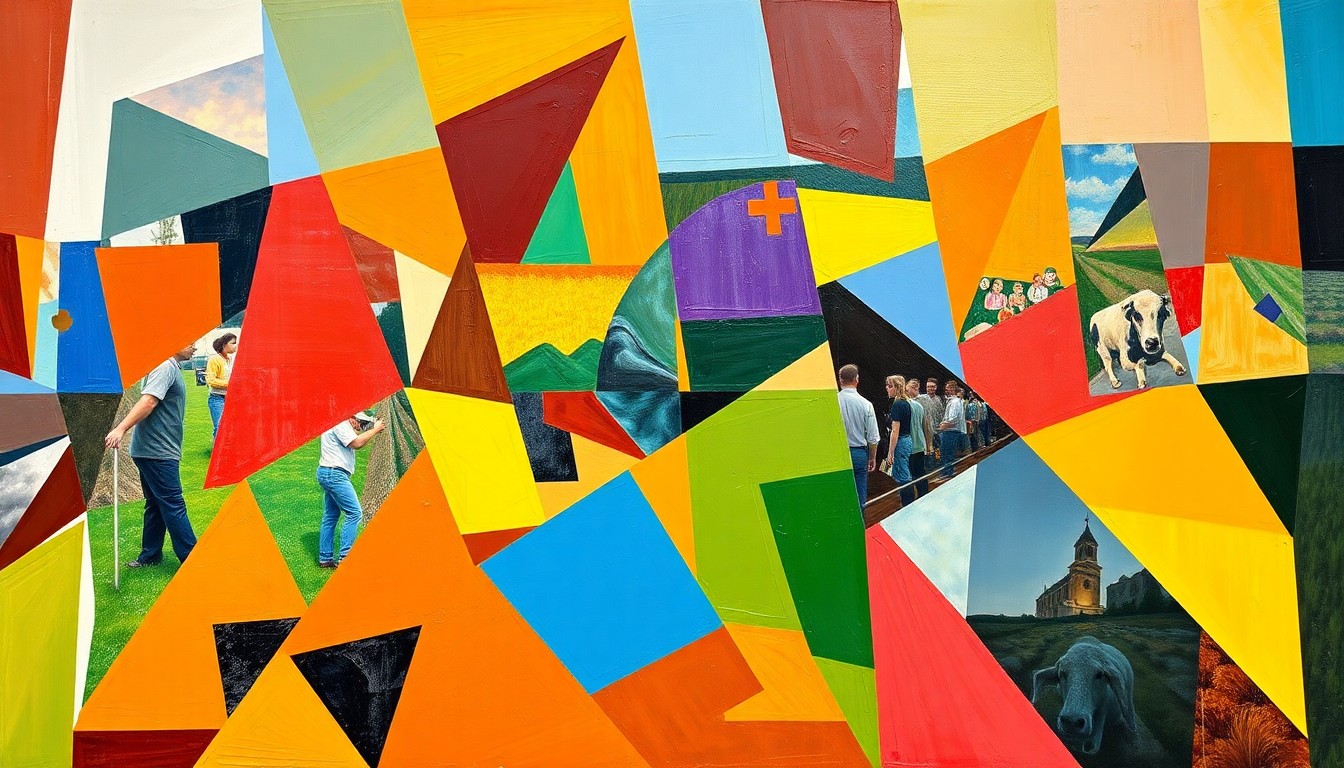 A cubist, geometric painting depicting fragmented scenes of high school students competing in various agricultural contests, with sharp planes of bright colors representing the different disciplines.