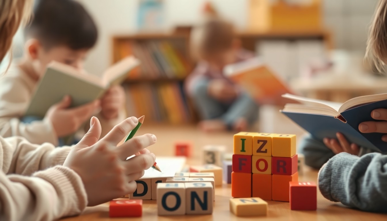 An abstract, out-of-focus photograph showing the hands of children engaged in various literacy activities like holding books, drawing, and playing with alphabet blocks, set against a blurred, dreamlike background suggesting a cozy, educational environment.