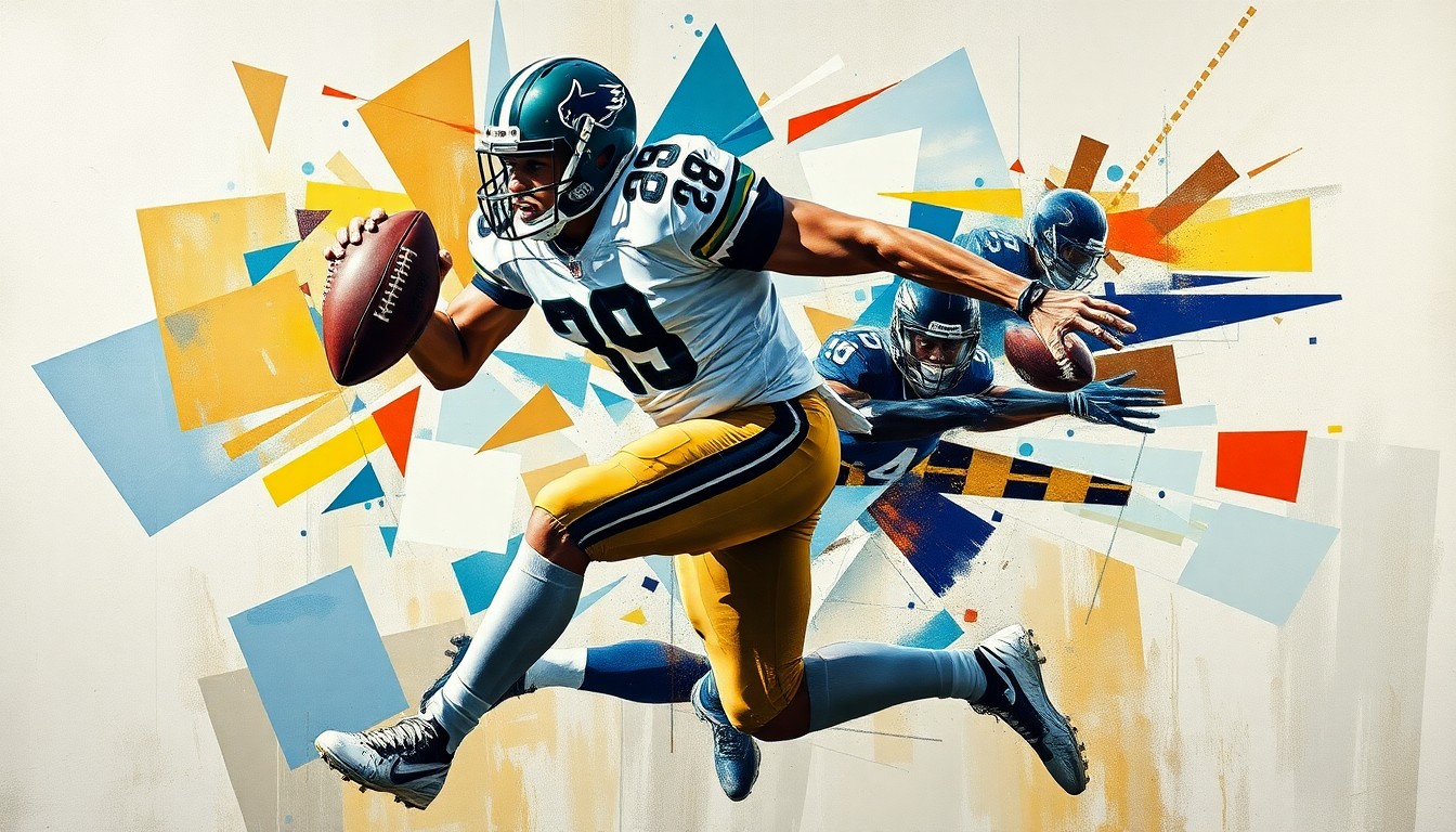 A cubist, geometric painting depicting a football player in mid-stride, the ball in his outstretched arms, surrounded by fragmented planes of color and motion, conceptually representing the explosive energy and dynamic action of a big play in a football game.