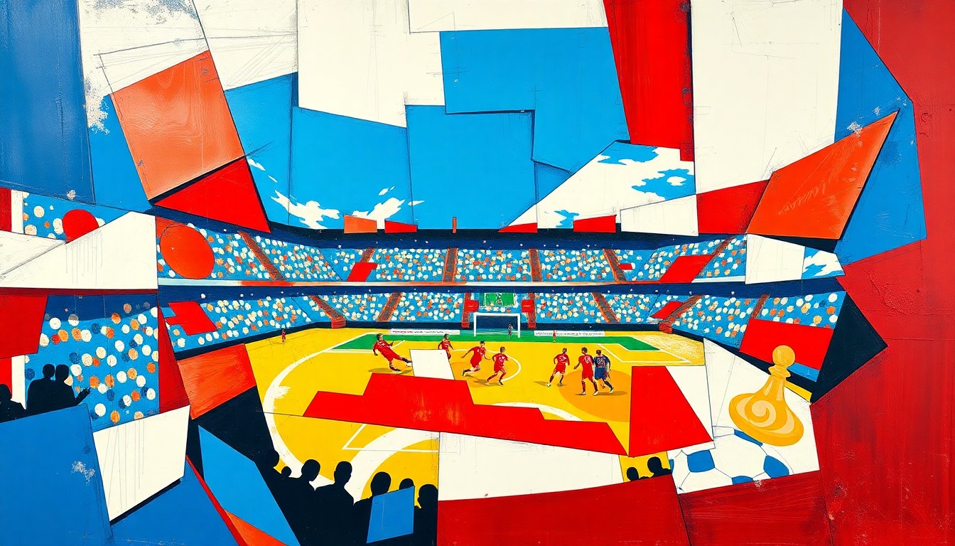 A cubist, geometric painting depicting a soccer match or World Cup competition broken down into sharp, overlapping planes of red, white, and blue, conveying the disjointed and chaotic nature of the security preparations for the global event.
