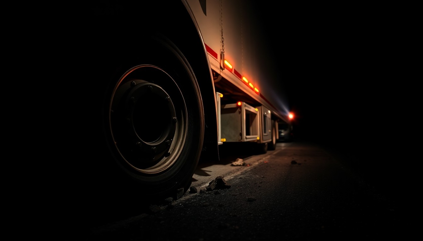 An extreme close-up photograph of a damaged semi-truck tire or cargo spill on the road, conveying the gritty, investigative nature of the incident through dramatic lighting and stark composition.