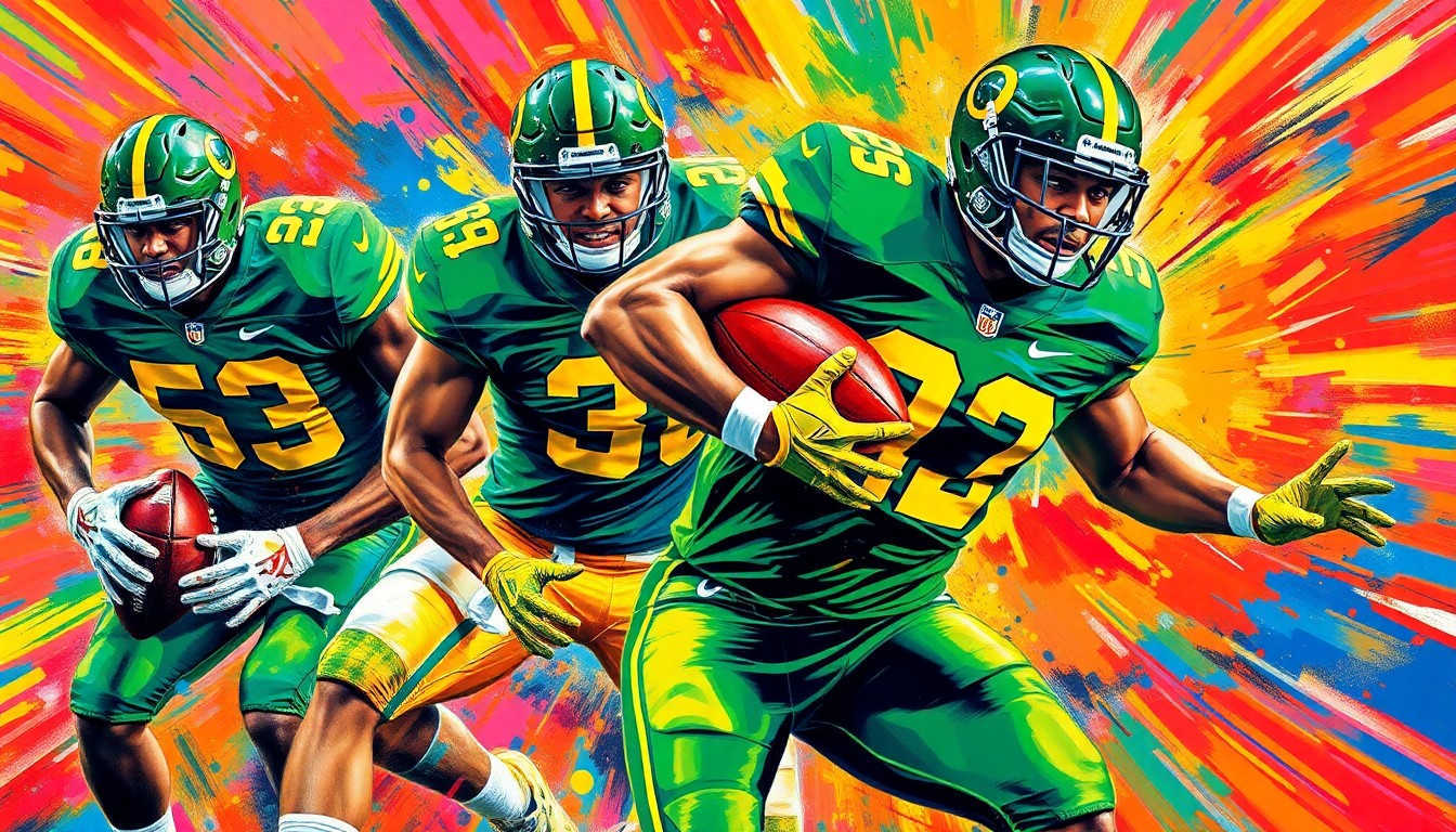 An abstract, expressionist painting in neon colors depicting the dynamic movements and energy of Oregon Ducks football players, capturing the excitement and anticipation surrounding the 2026 NFL Draft.