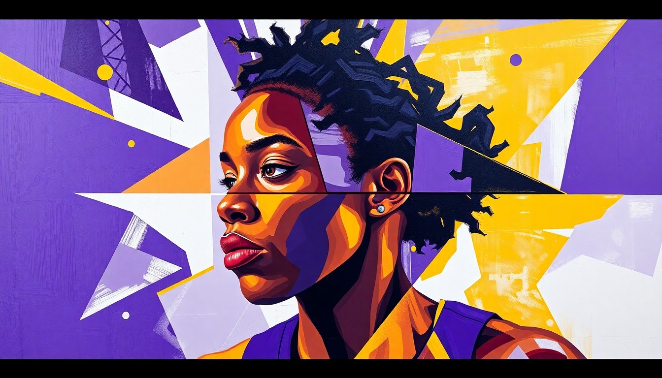 A fractured, cubist-style painting depicting the various elements of Flau'jae Johnson's basketball career at LSU, including her skills, accomplishments, and impact on the program, rendered in a vibrant color palette of purple, gold, and white.
