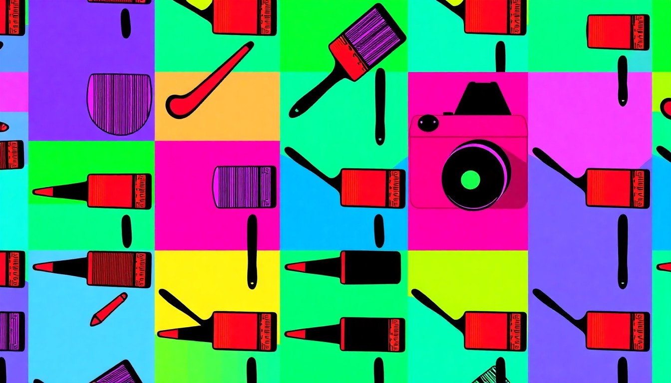 A brightly colored silkscreen print of a paintbrush repeated in a grid pattern, conceptually representing the creative energy and importance of the arts.