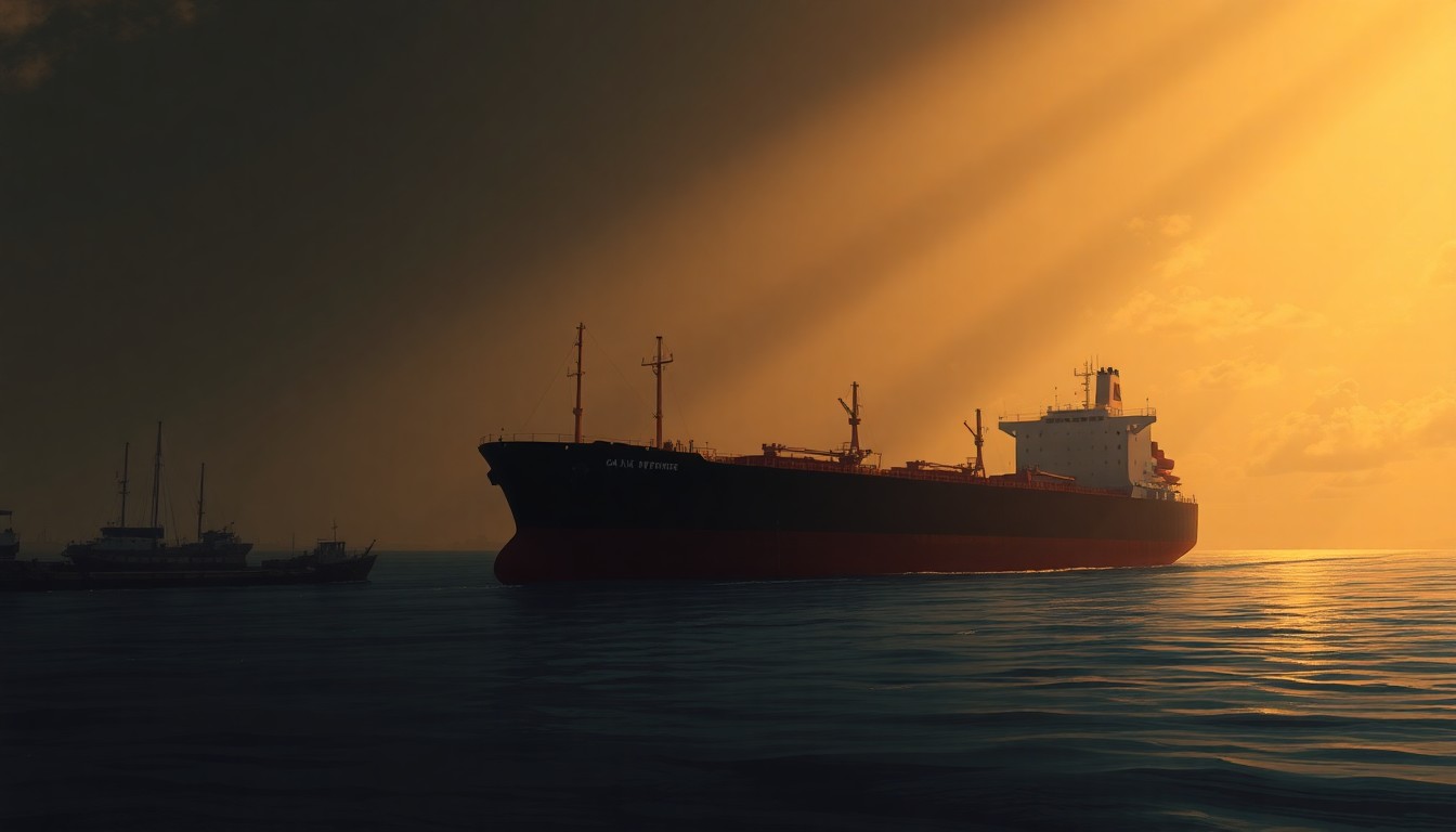 A serene, photorealistic painting of an oil tanker ship docked at a Cuban port, with the vessel's hull and superstructure reflected in the still waters. The scene is bathed in warm, golden sunlight, creating deep shadows and a sense of quiet contemplation.