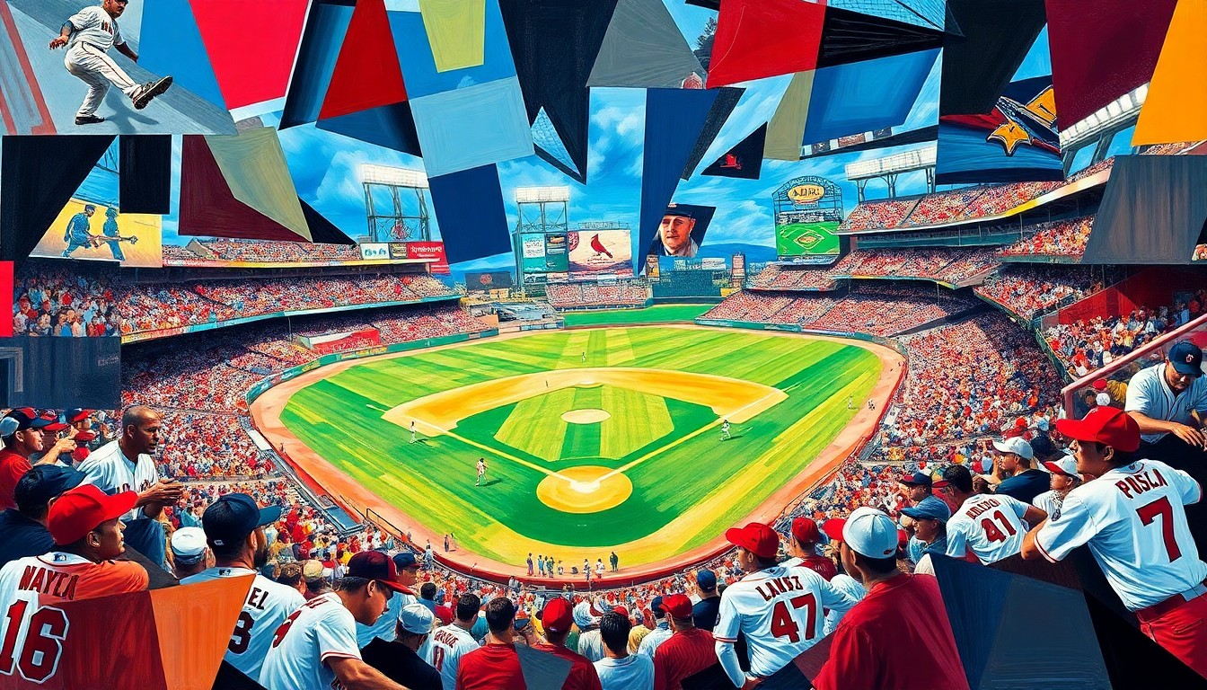 A fractured, multi-perspective painting in bold, clashing colors representing the competitive energy of a college baseball game between two rival teams.