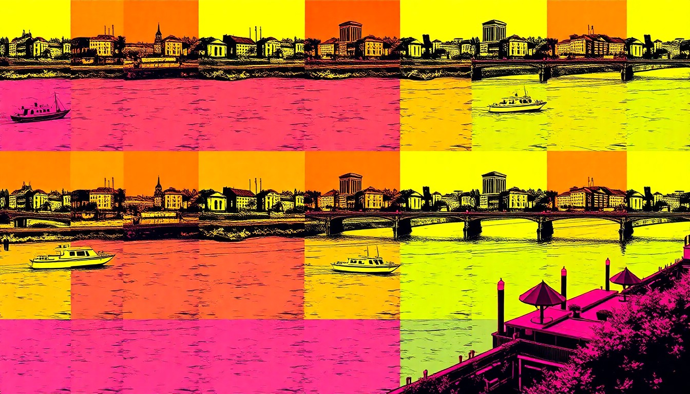 A brightly colored, high-contrast silkscreen print of a Milwaukee riverside scene repeated in a grid pattern, capturing the vibrant energy of a new restaurant opening along the water.