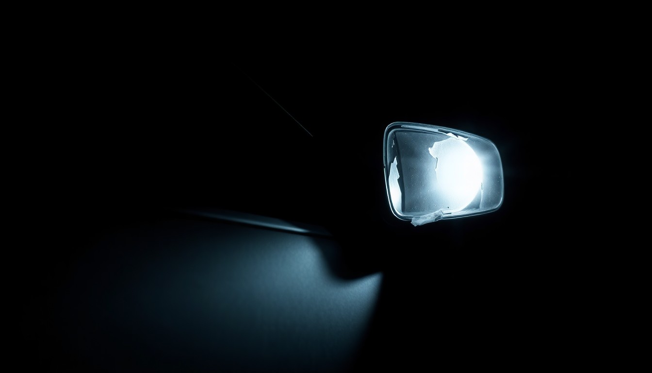 An extreme close-up photograph of a car's crumpled side panel and broken side mirror, creating a stark, gritty, investigative aesthetic that conceptually illustrates the aftermath of Tiger Woods' recent car crash.