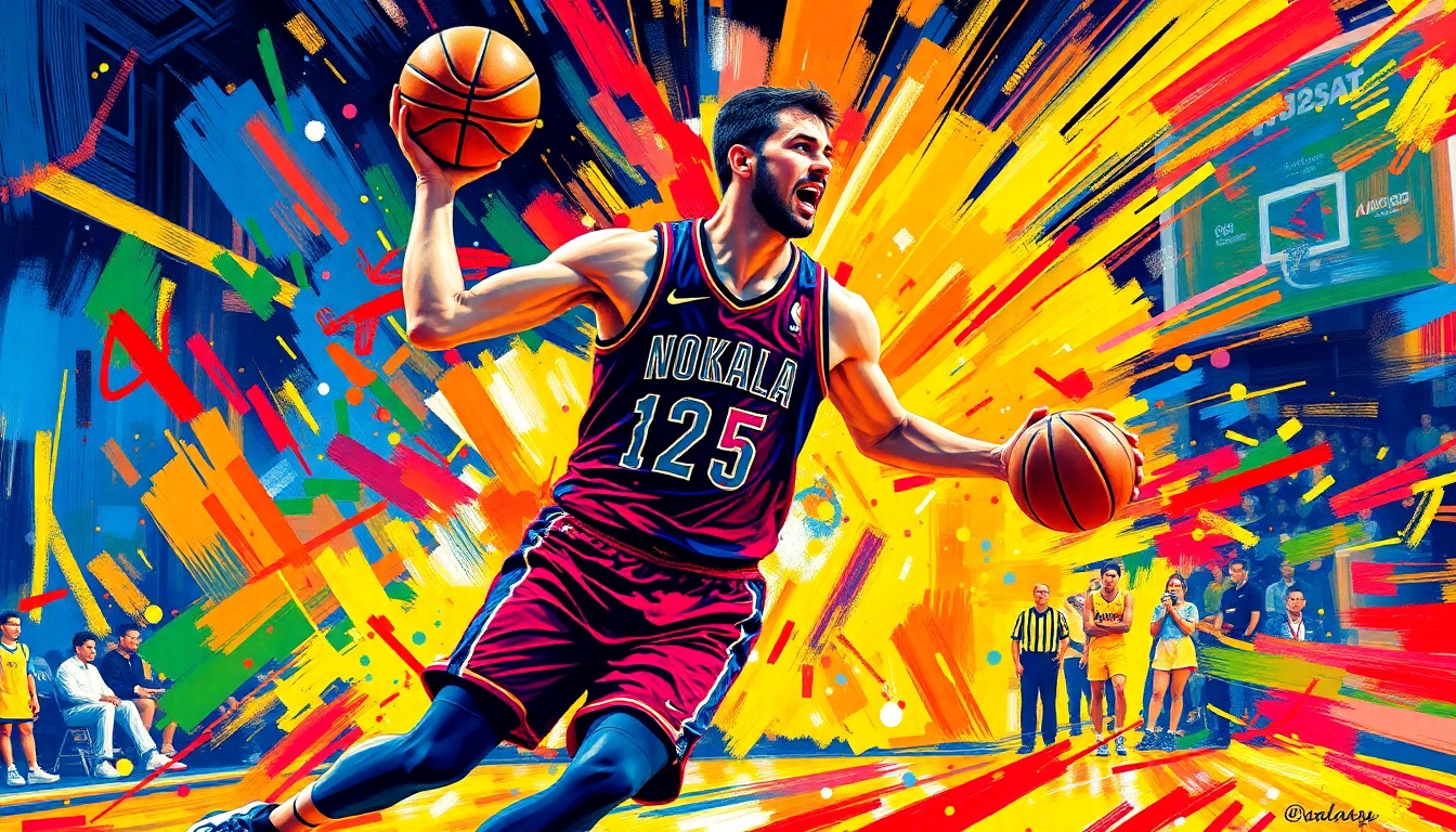 An abstract, energetic painting featuring bold, neon-colored brushstrokes that convey the powerful movements and athleticism of a basketball player in action, representing the dominant performance of Nikola Jokic on the court.