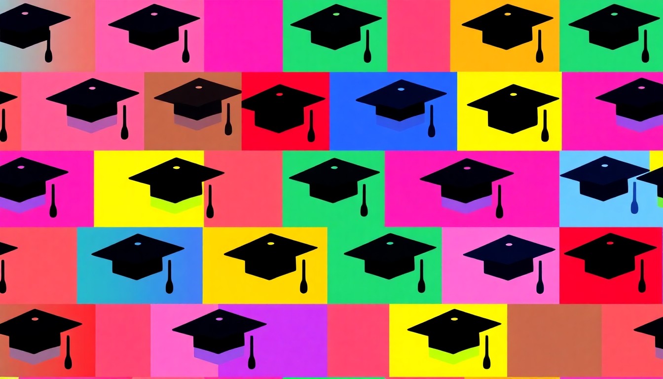 A bold, colorful silkscreen-style illustration featuring a repeating pattern of graduation cap icons in vibrant neon shades, conceptually representing the academic accolades and future potential of young scholars.