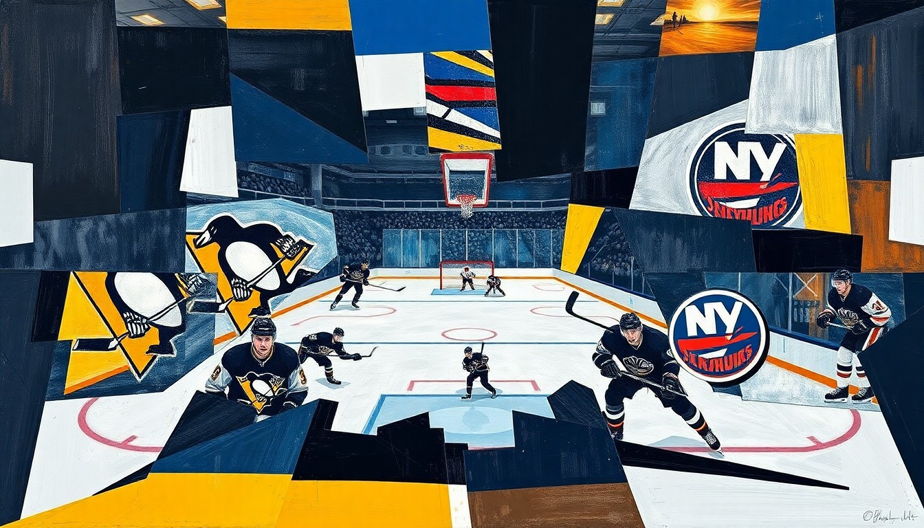 A cubist-style painting depicting a hockey game between the Pittsburgh Penguins and New York Islanders, with the players and action broken down into sharp, overlapping geometric shapes and planes of color.