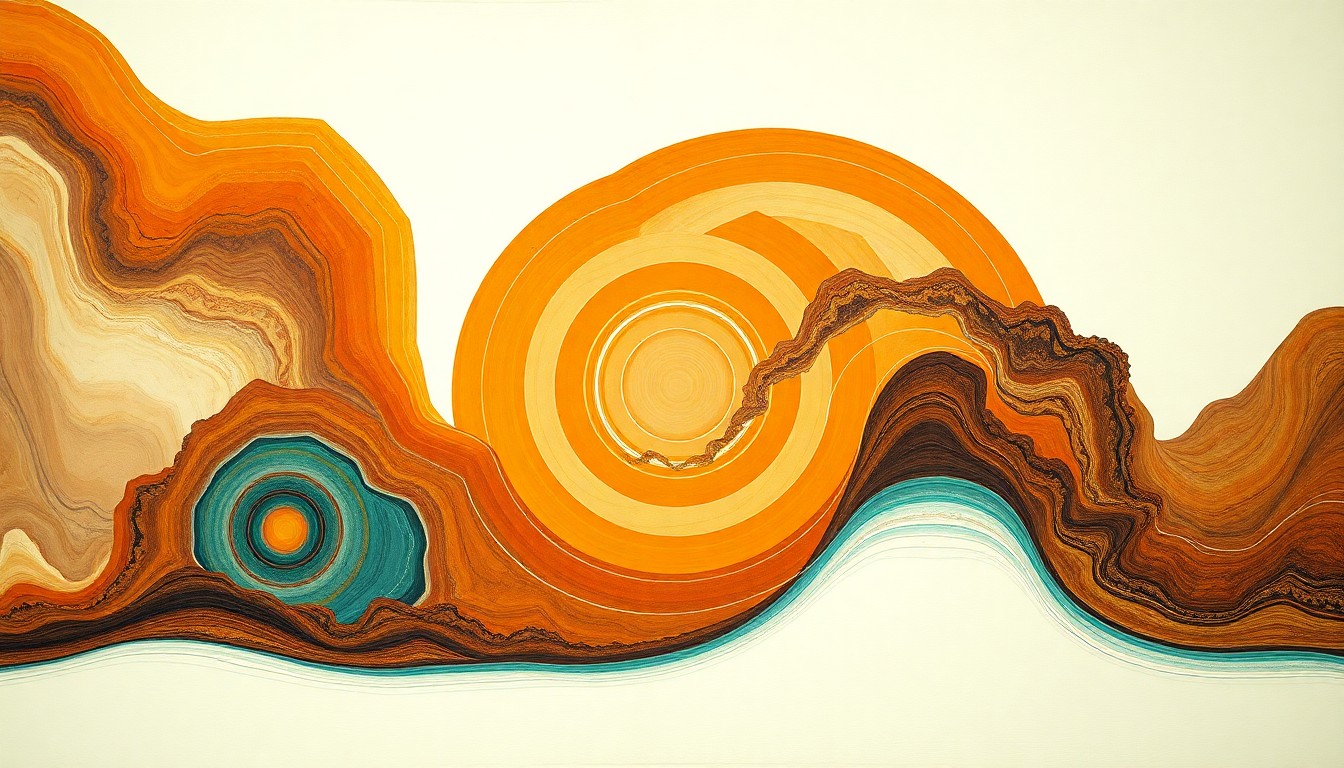 A bold, abstract painting in earthy tones depicting the complex geological forces and mineral deposits deep within the Andes mountains, conveying the structural order and fragility of the Andean landscape.