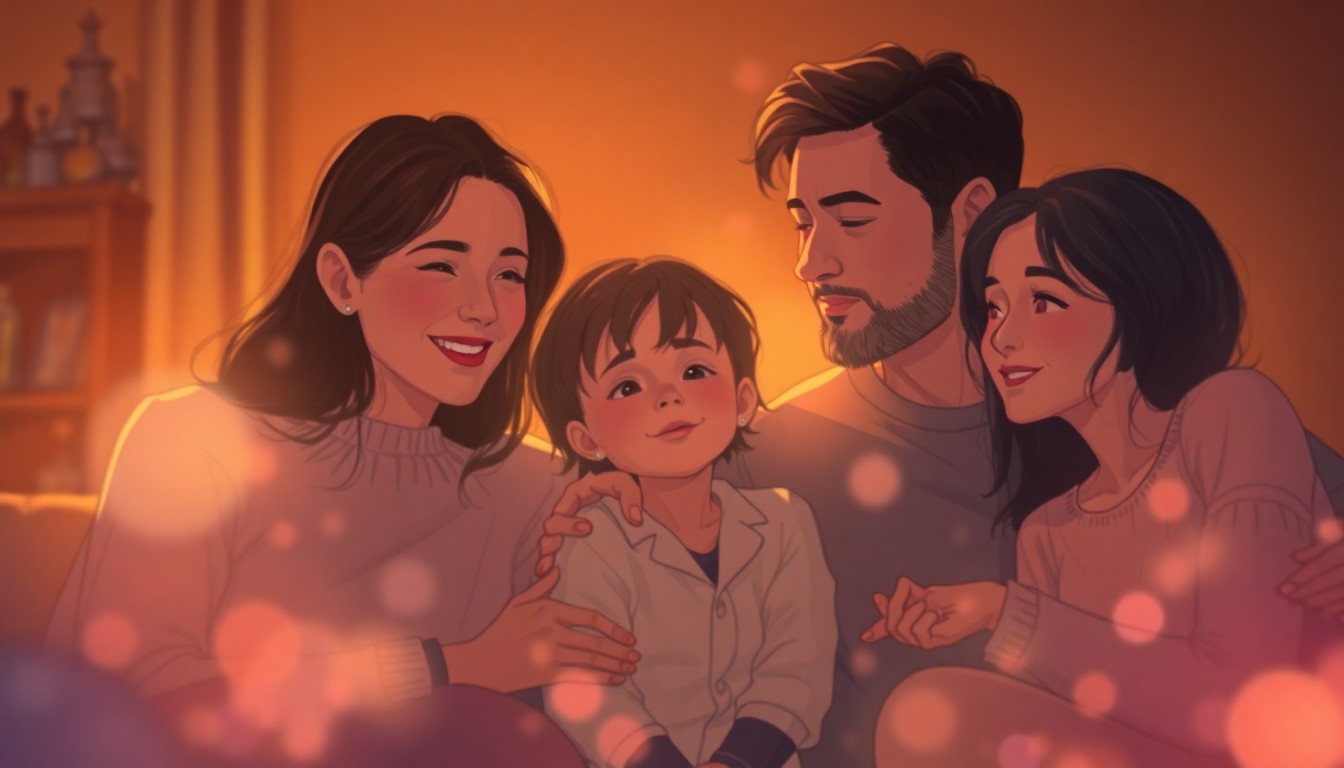 An abstract, impressionistic scene of a family gathered together, with blurred figures and muted colors creating a sense of warmth and intimacy.