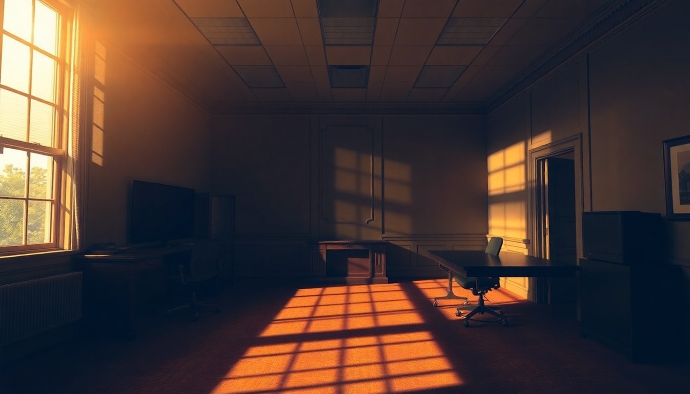 A dimly lit, cinematic painting of an empty government office space, with warm diagonal sunlight streaming through the windows and deep shadows cast across the room, evoking a sense of political nostalgia and the weight of past scandals.