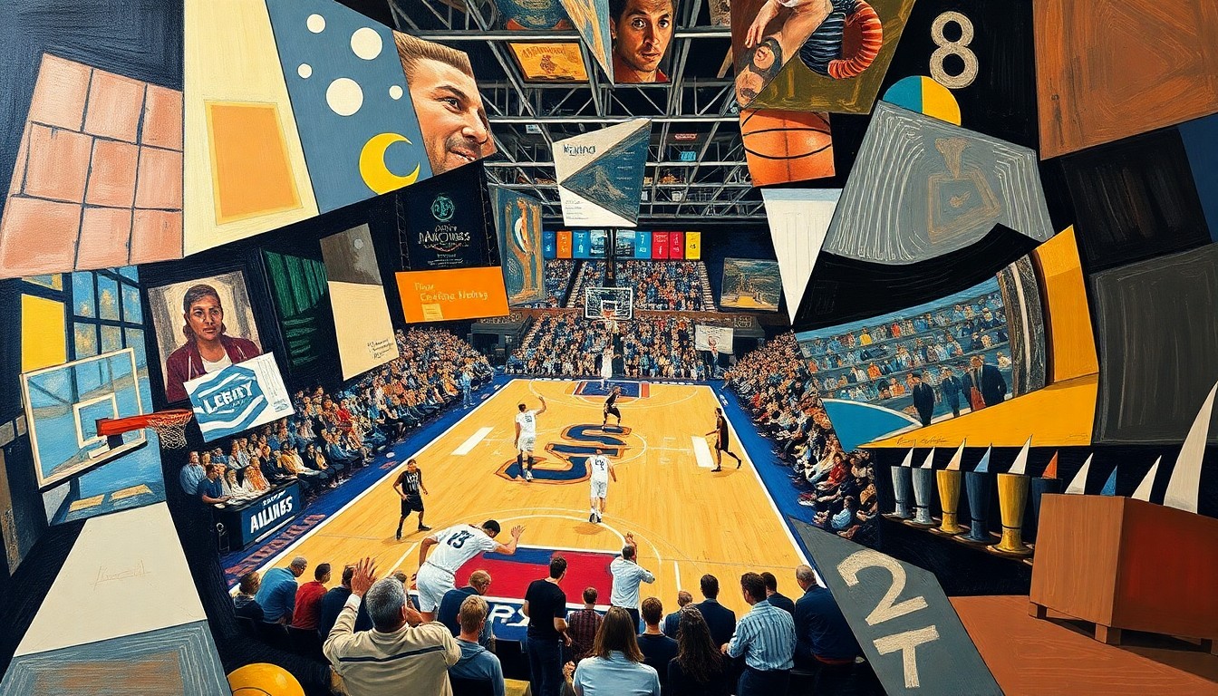 A cubist-style painting depicting a fragmented college basketball game, with players and the court broken down into sharp, overlapping geometric shapes and planes in a vibrant color palette.