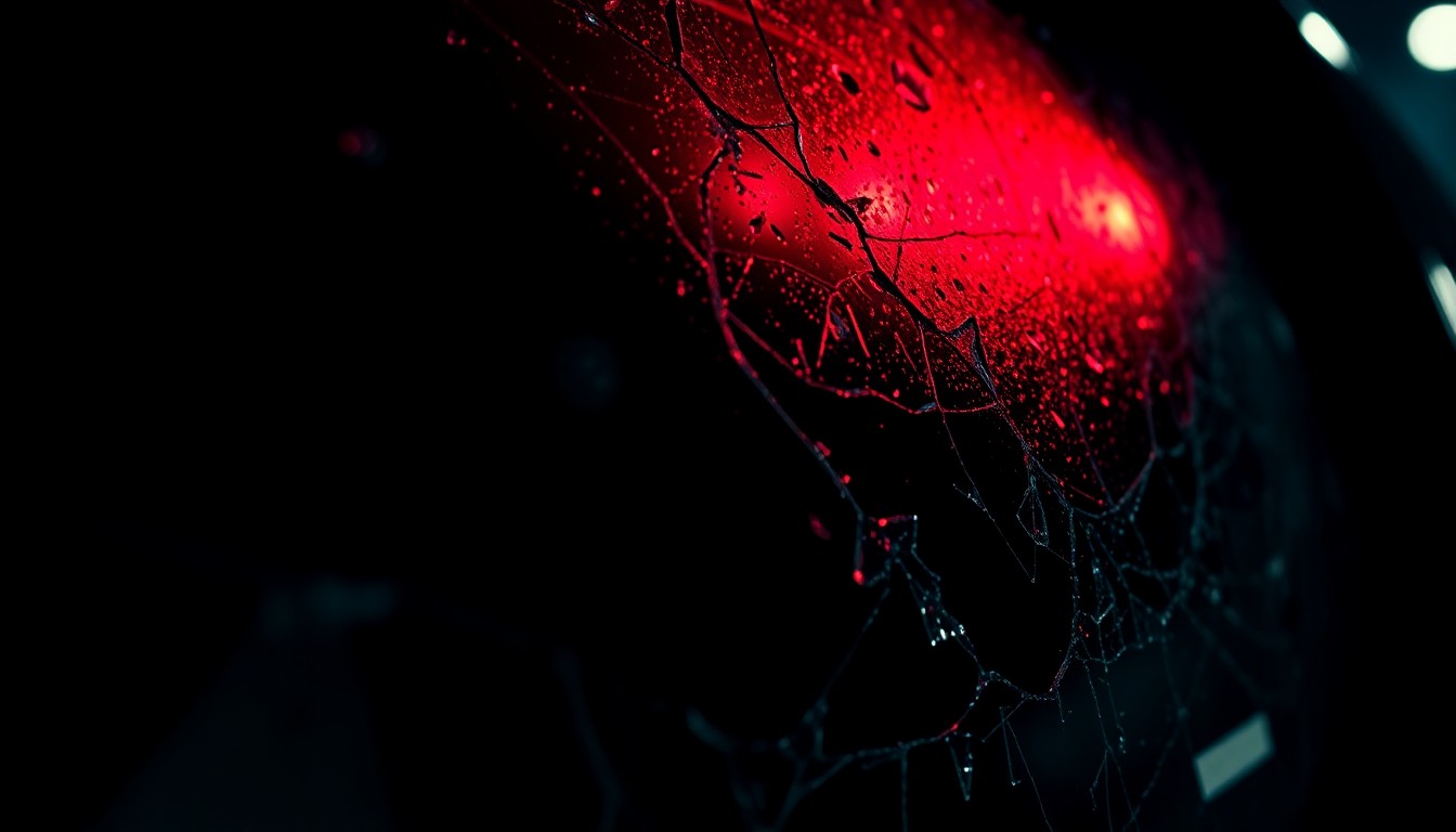 An extreme close-up photograph of shattered car window glass reflecting a faint red light, conveying the stark, gritty aftermath of a violent crime scene.