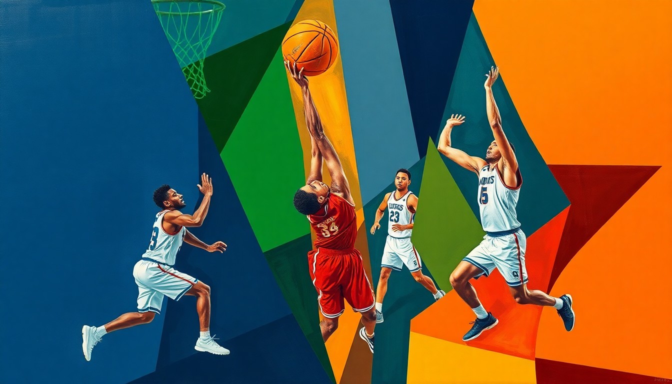 A cubist, geometric painting depicting the abstracted forms of basketball players in motion, rendered in a vibrant color palette of navy, green, and orange, capturing the dynamic energy of the sport.