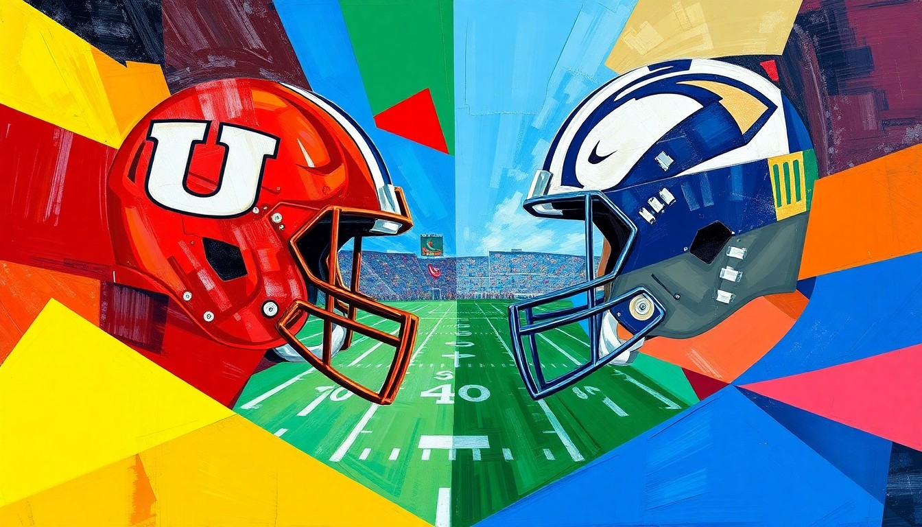 A fragmented, geometric painting depicting a college football game or recruiting battle, with sharp planes of color representing the rivalry between the teams.