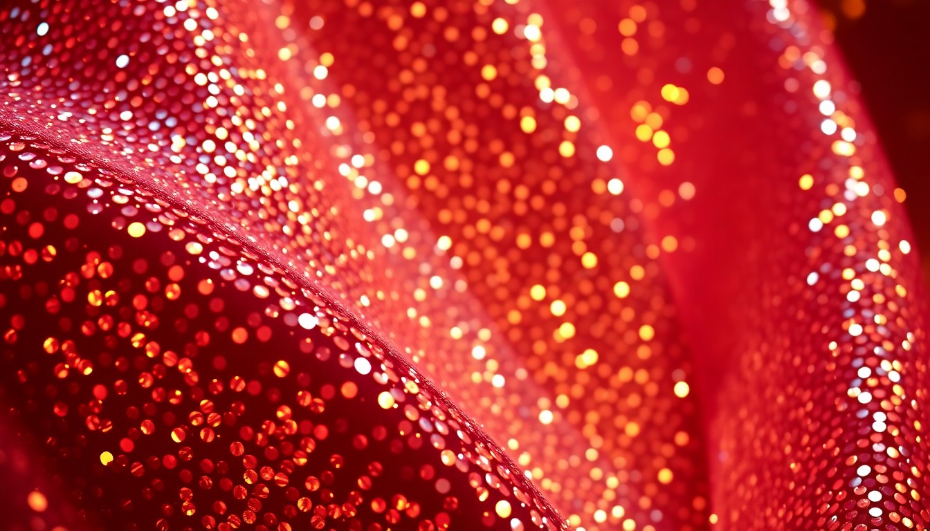 An abstract close-up photograph featuring a dramatic, high-contrast composition of luxurious textured materials like glittering sequins and plush velvet, evoking the glamour and opulence of a classic Broadway musical production.
