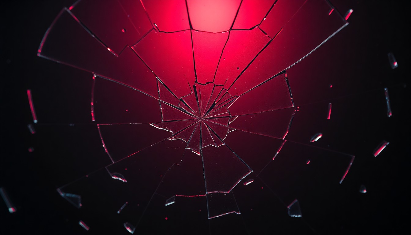 An abstract close-up photograph of shattered glass reflecting a faint red light, conveying the volatile and divisive nature of the debate around racial language.