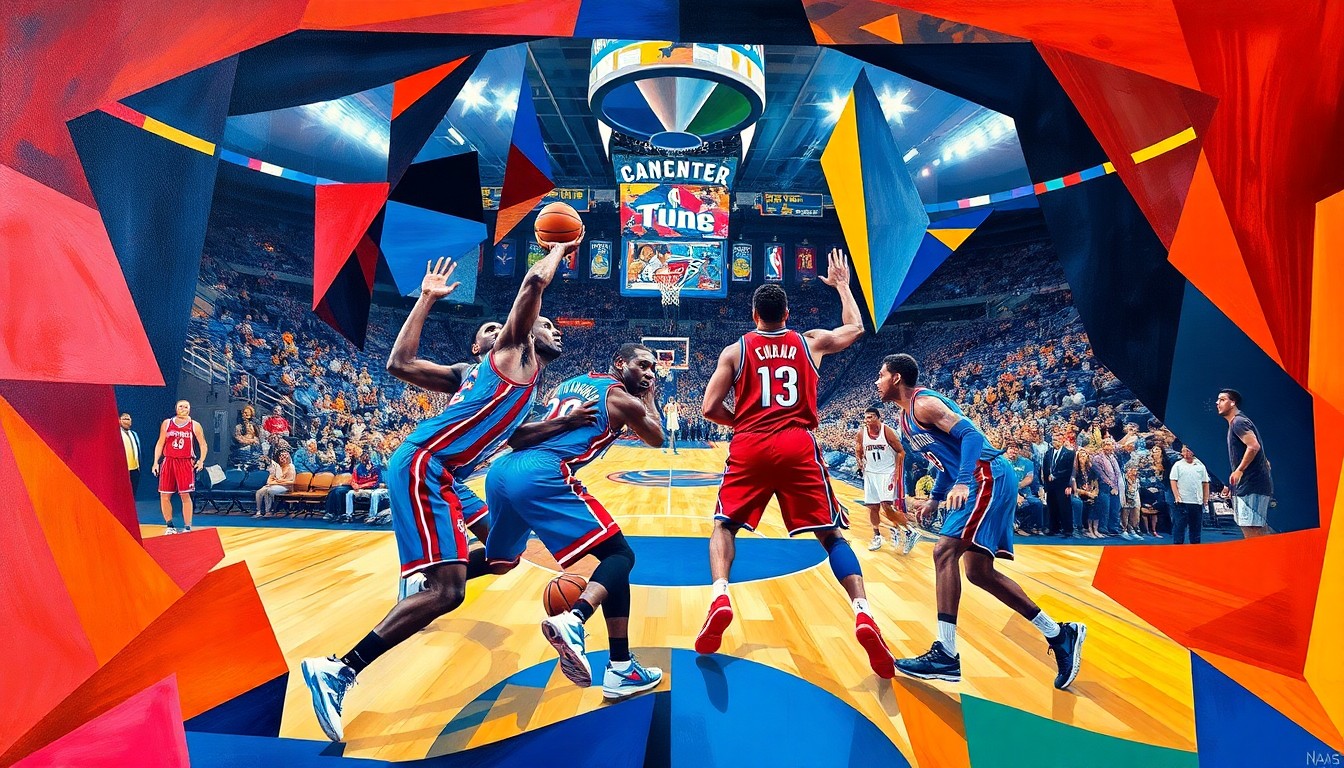 A fragmented, geometric painting in bold colors depicting a basketball game, with the players' forms broken down into sharp, overlapping shapes and the court and arena fading into the background.