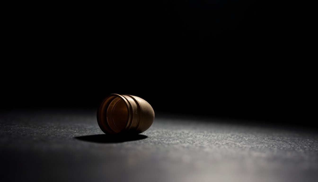 An extreme close-up of a shiny brass shell casing on a dark surface, the harsh lighting creating dramatic shadows and textures to convey the tense, investigative nature of the incident.