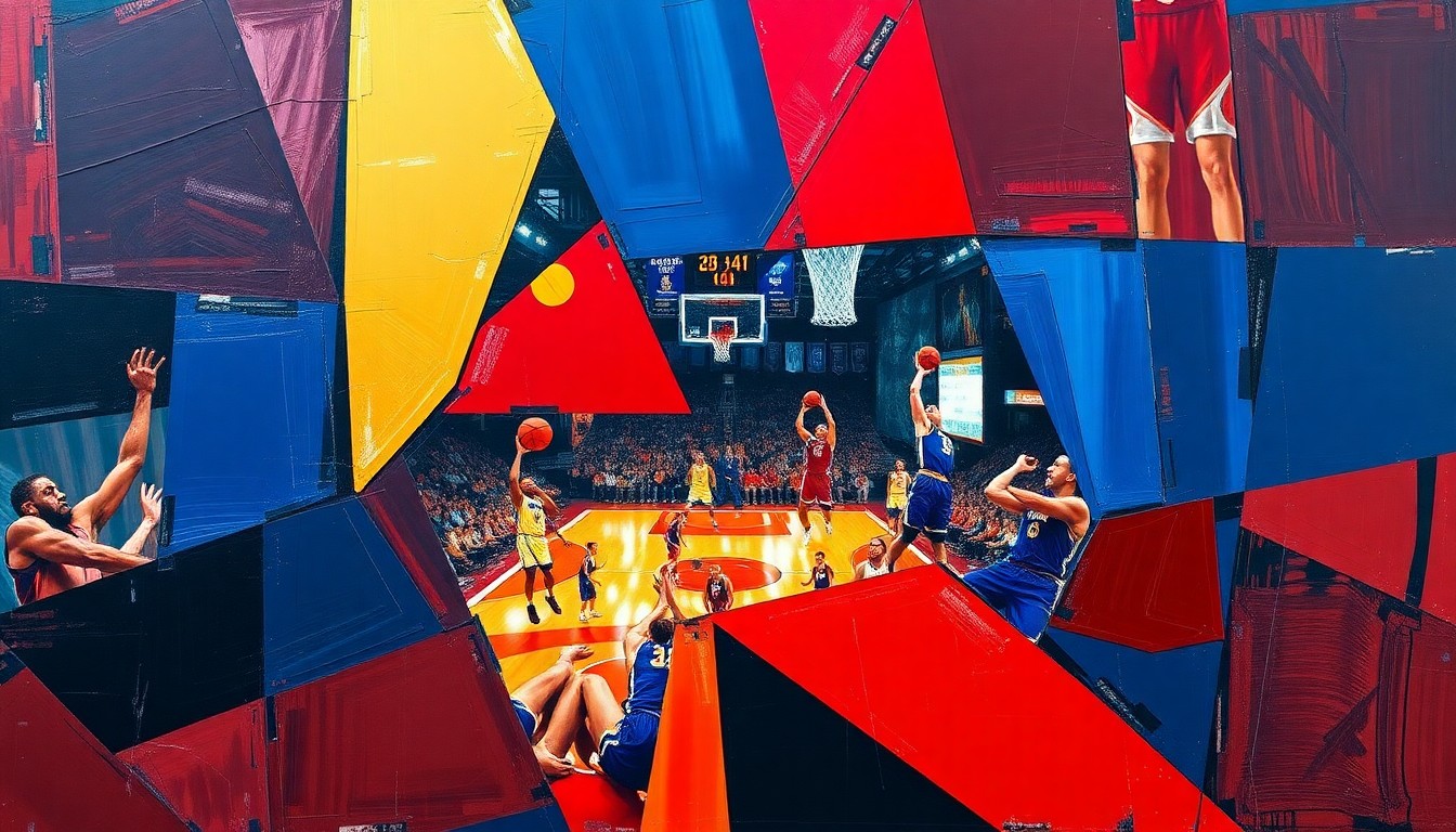 A cubist, geometric painting depicting the chaotic action of a college basketball game, with sharp, overlapping planes of navy, crimson, and gold representing the intensity and energy of the sport.