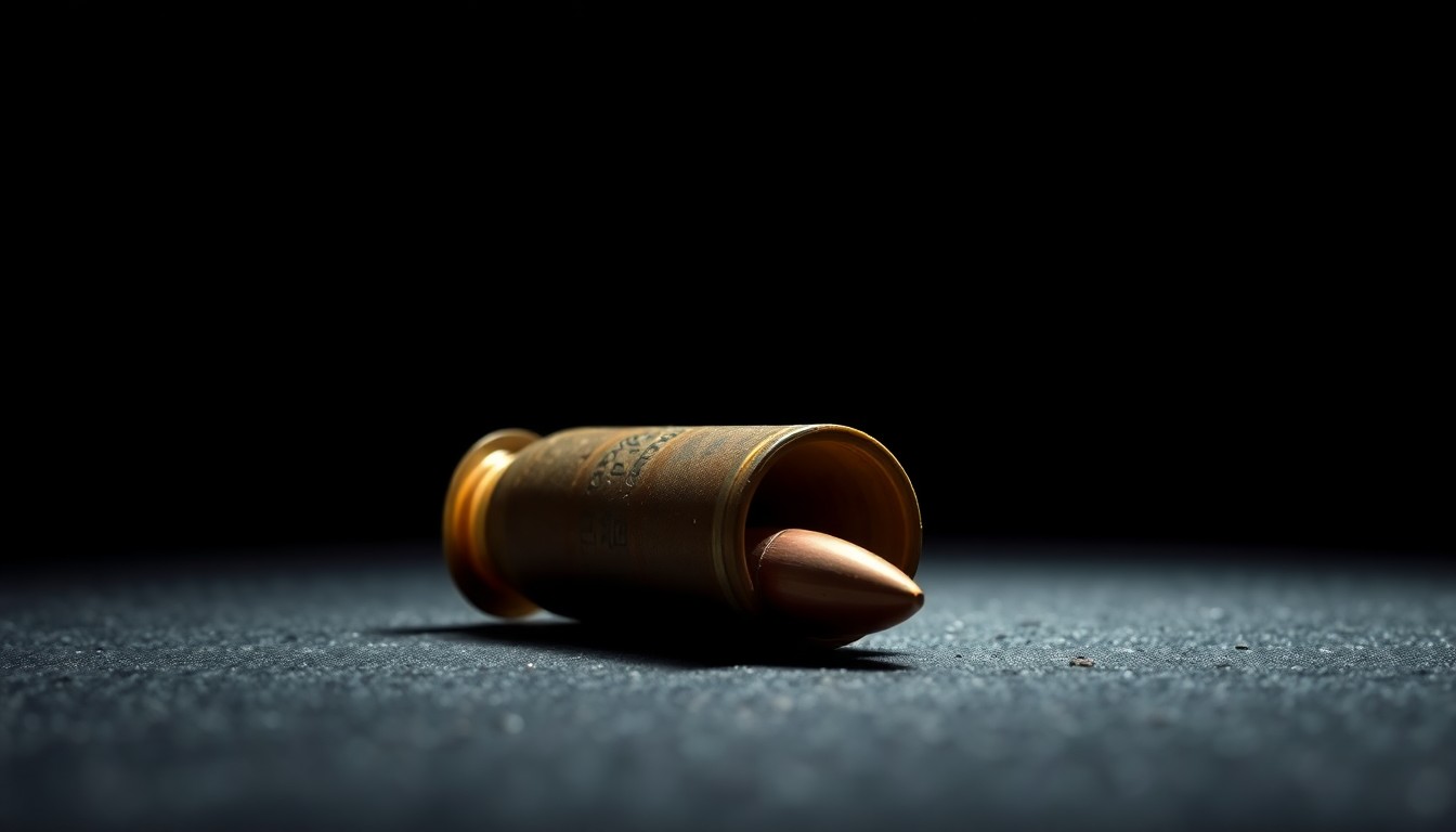 An extreme close-up photograph of a spent shell casing on a dark, textured surface, lit by a harsh, direct camera flash, conceptually illustrating the tense nature of a police response to a barricaded shooter incident.