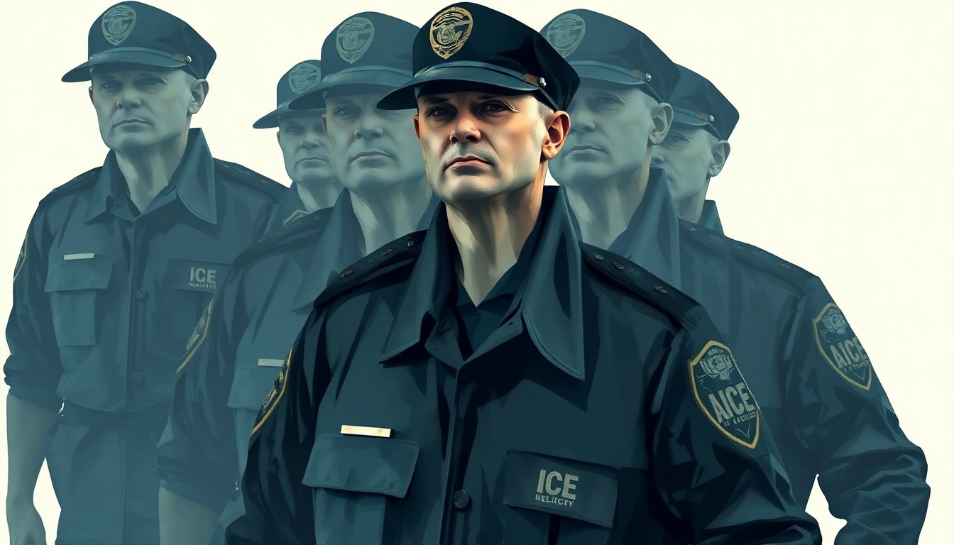 A fractured, abstract painting of an ICE agent's uniform repeated in overlapping geometric shapes and waves of muted colors, conveying a sense of motion and tension.