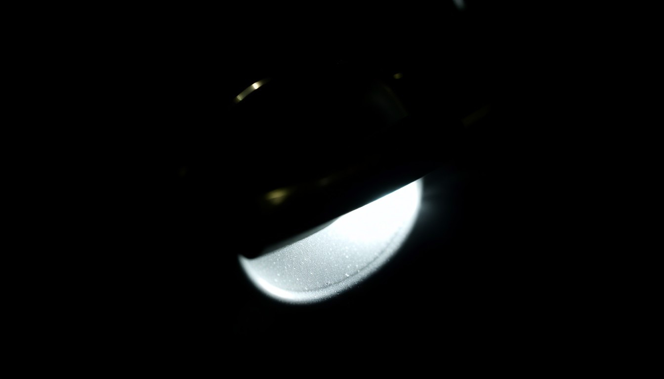 An extreme close-up photograph of a car door handle, the metal surface reflecting the harsh light of the camera flash against a pitch-black background, conveying a sense of mystery and investigation.