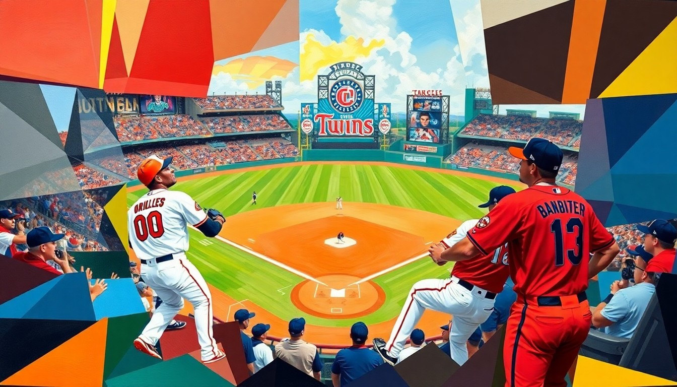 A cubist-style painting depicting a baseball game between the Baltimore Orioles and Minnesota Twins, with the players and field broken down into overlapping geometric shapes and planes of vibrant colors.