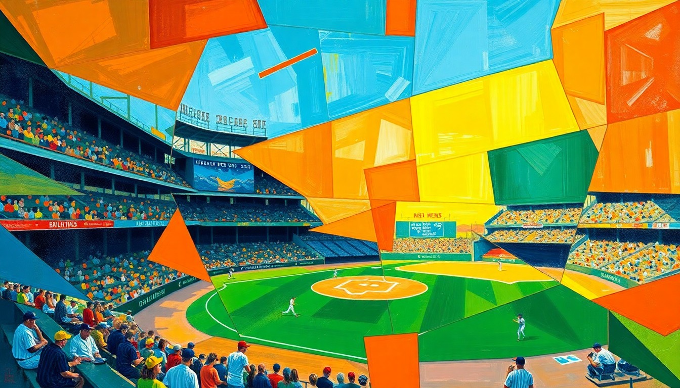 A fractured, multi-perspective painting in a cubist style, breaking down a baseball game into sharp, overlapping geometric planes in vibrant colors like orange, blue, and green, conceptually representing the Orioles' come-from-behind victory.
