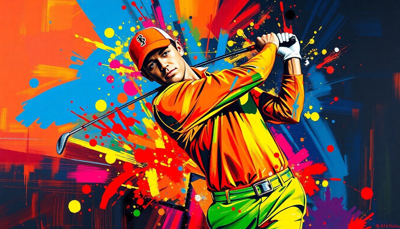 An abstract, expressionist painting featuring vibrant brushstrokes of neon colors capturing the dynamic motion and energy of a golf swing, with the golfer's form dissolving into a textured, abstract composition.