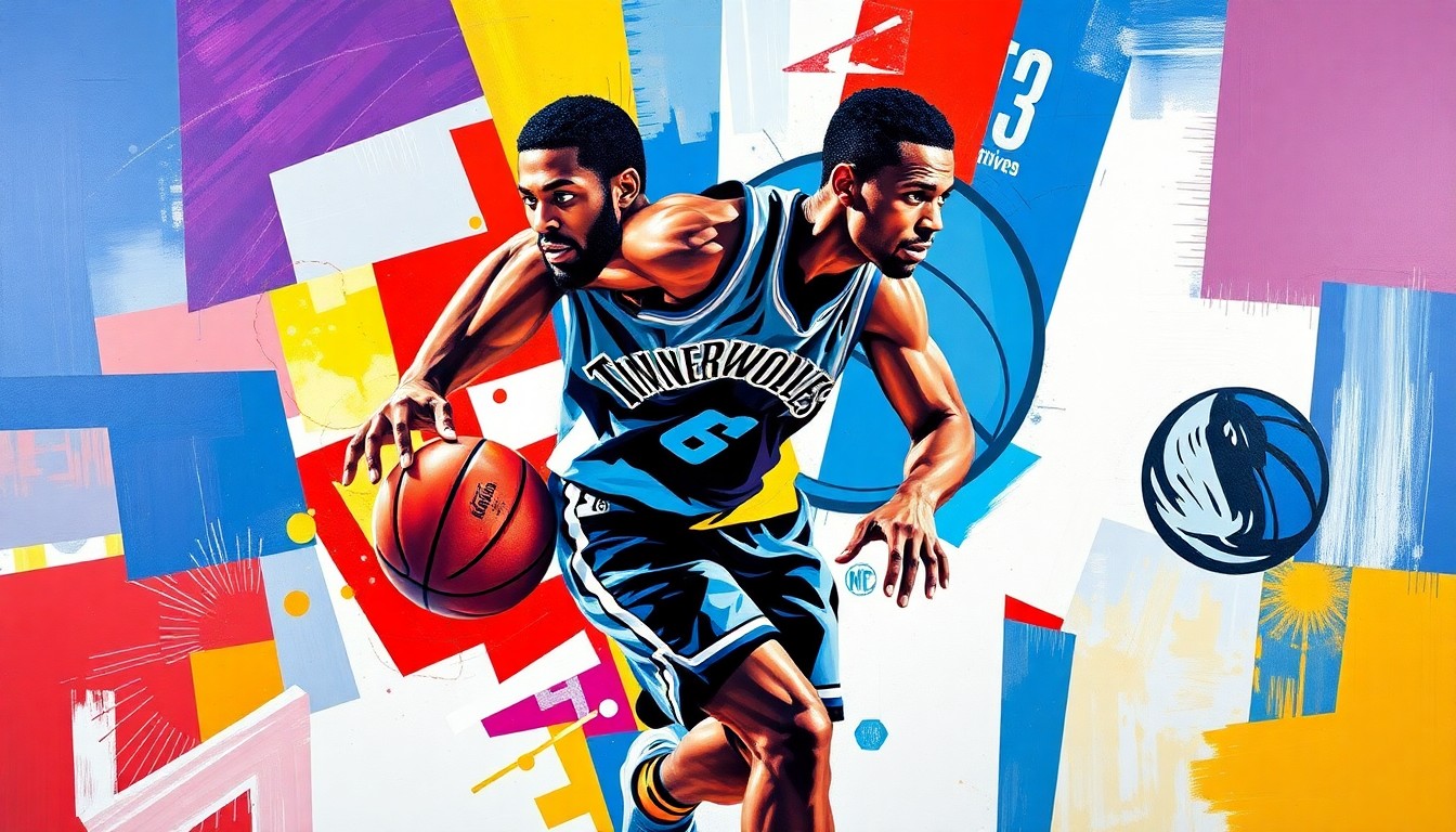 A cubist, geometric painting depicting a basketball player in motion, with sharp, overlapping planes of color representing the Minnesota Timberwolves and Dallas Mavericks uniforms.
