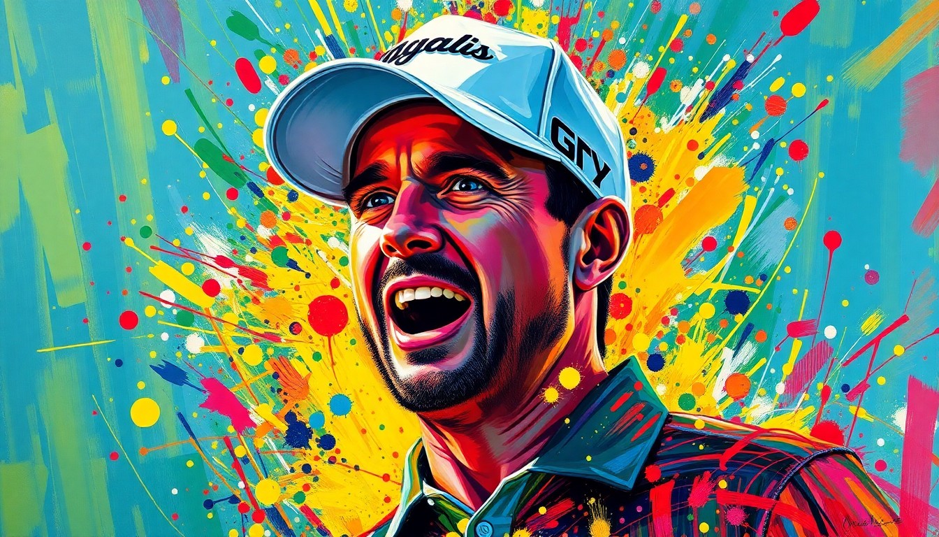 An abstract, expressionist painting in neon colors depicting the raw energy and emotion of a golfer's triumphant return to the sport after a major health challenge, with his face and body dissolving into unrecognizable brushstrokes.